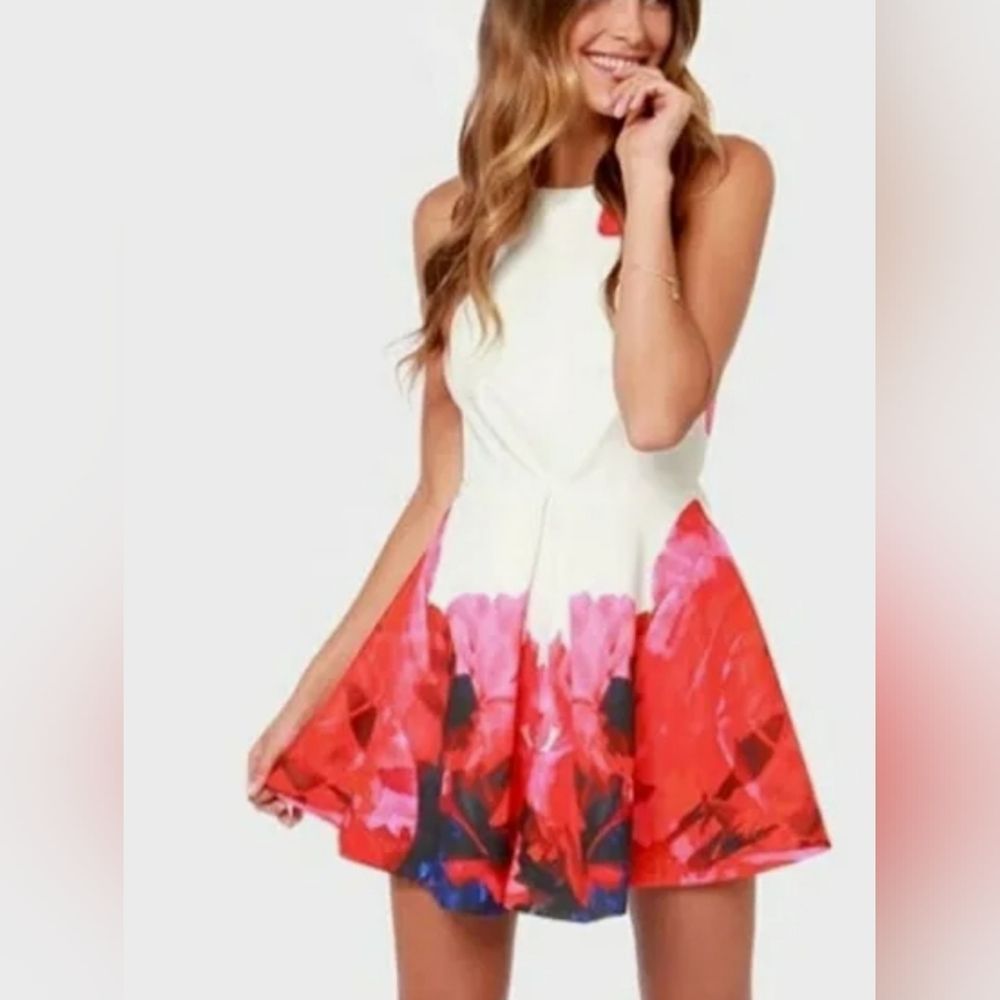 White & Red Floral Fit-and-Flare Dress